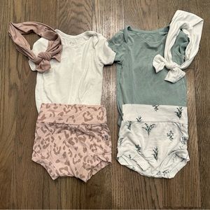 Kyte baby outfits, onesie with matching shorts and bows.. both sets are 12-18 mo